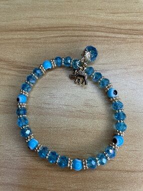 Blue Crystal Bead Bracelet with Elephant Charm - Women's Jewelry